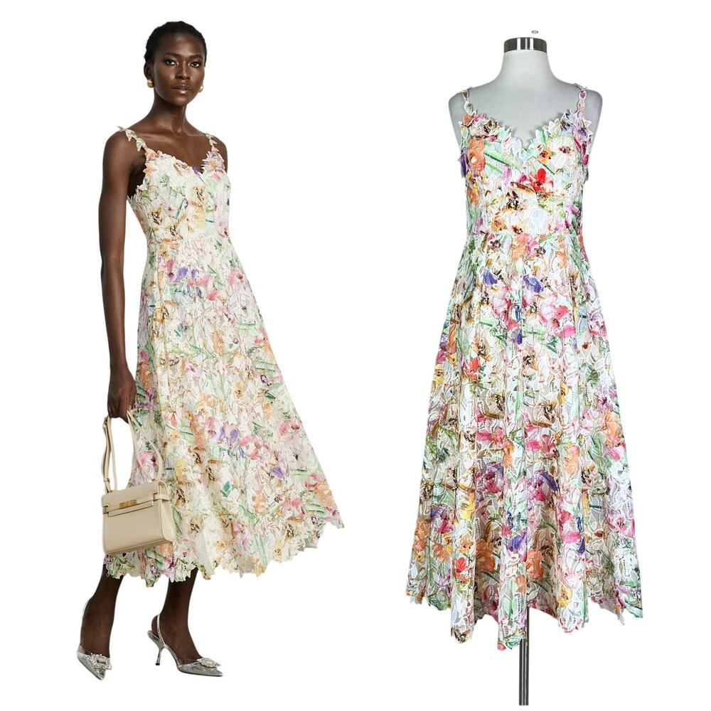 NEW Miss Rosier | Enora Colorful Floral Lace Formal Cocktail Bridal Midi Dress L